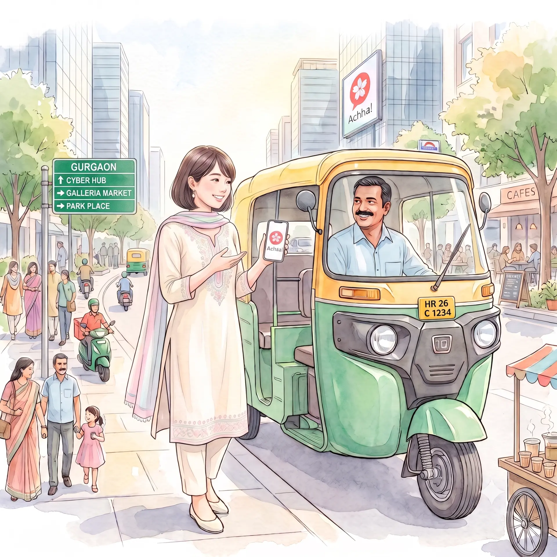 インドの街角で、ユキがオートリクシャーの運転手にヒンディー語で話しかけている様子